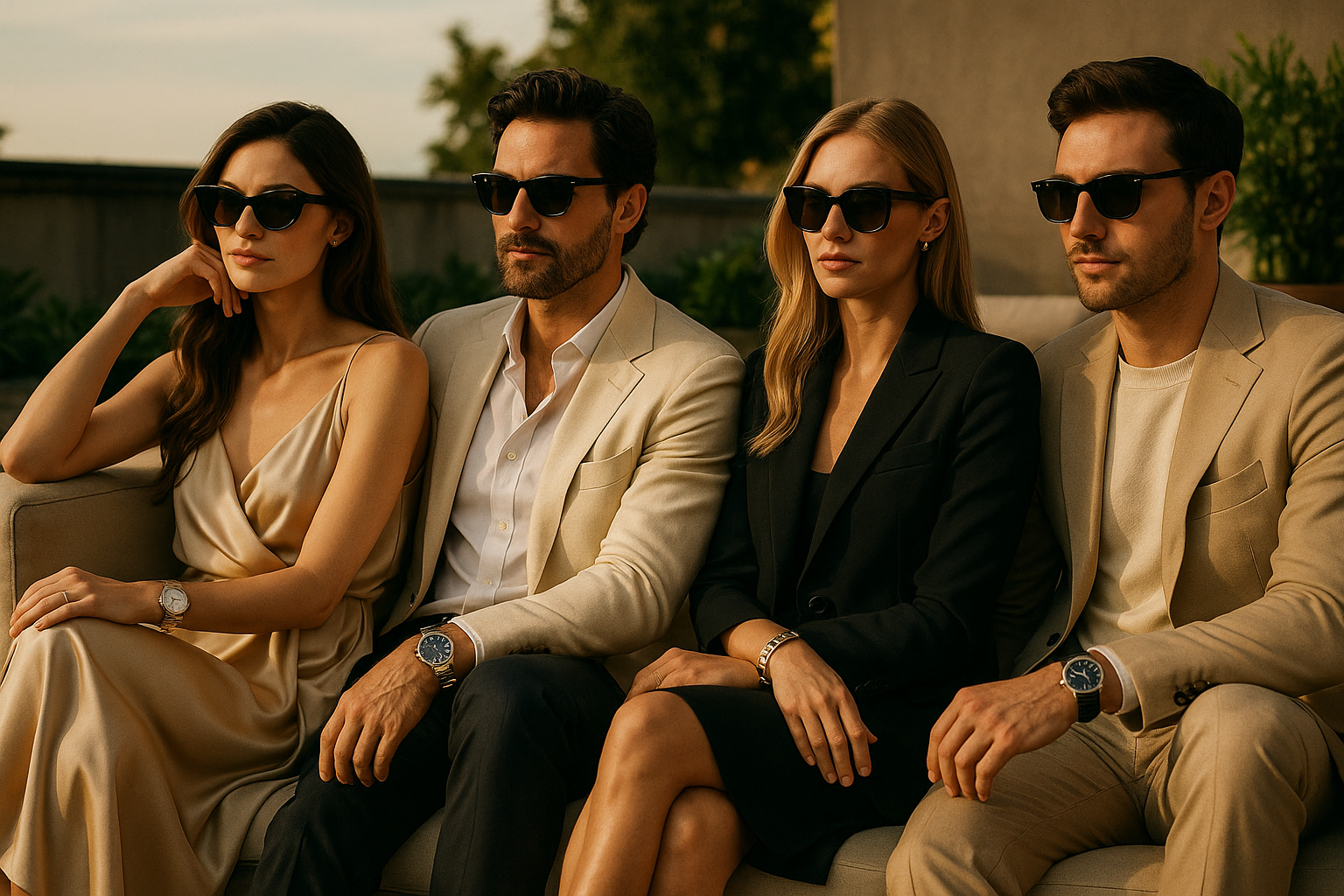 Men and women chilling wearing sunglasses watches and luxury fashion