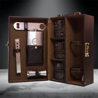 Luxury Leatherette Whiskey Case with 3 Glasses & Premium Accessories