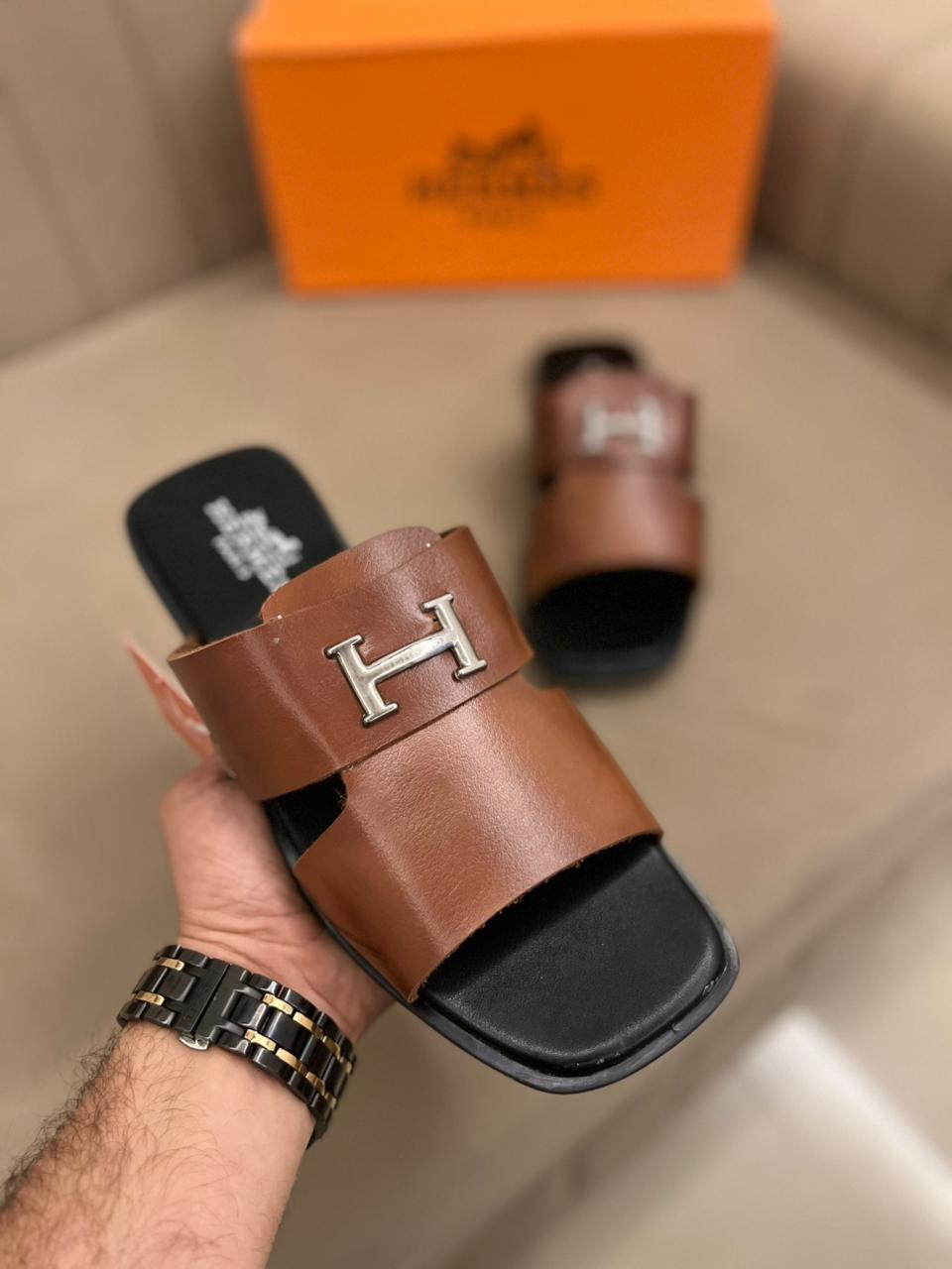 Amazing Hermes Leather Men's Slides